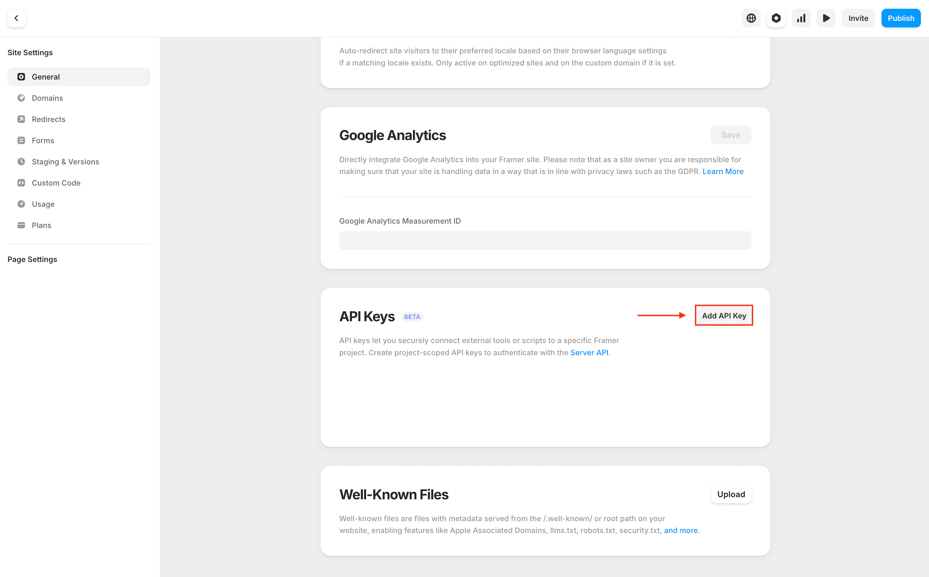 API Keys section in Framer Site Settings