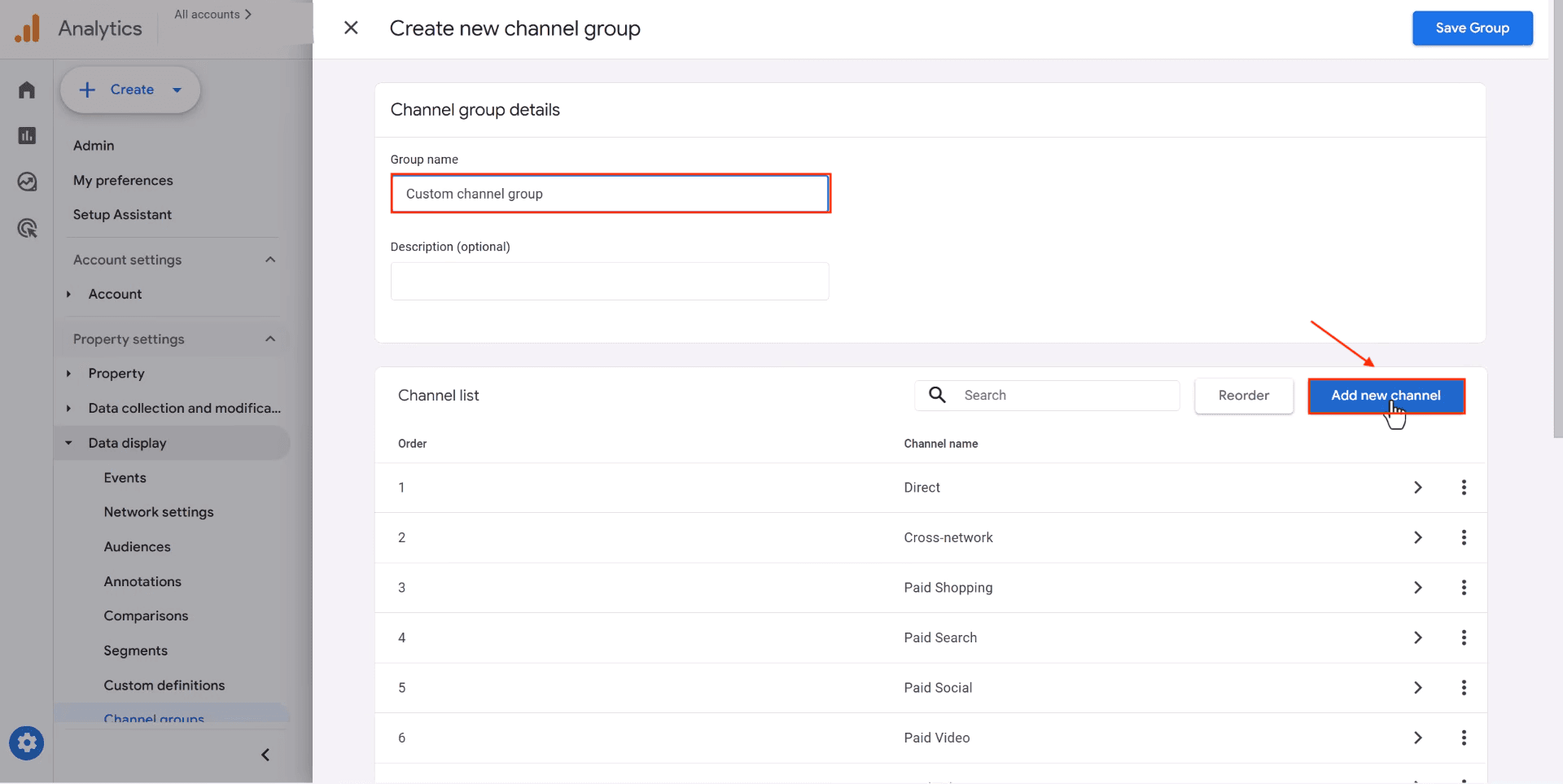 Create new channel group in GA4