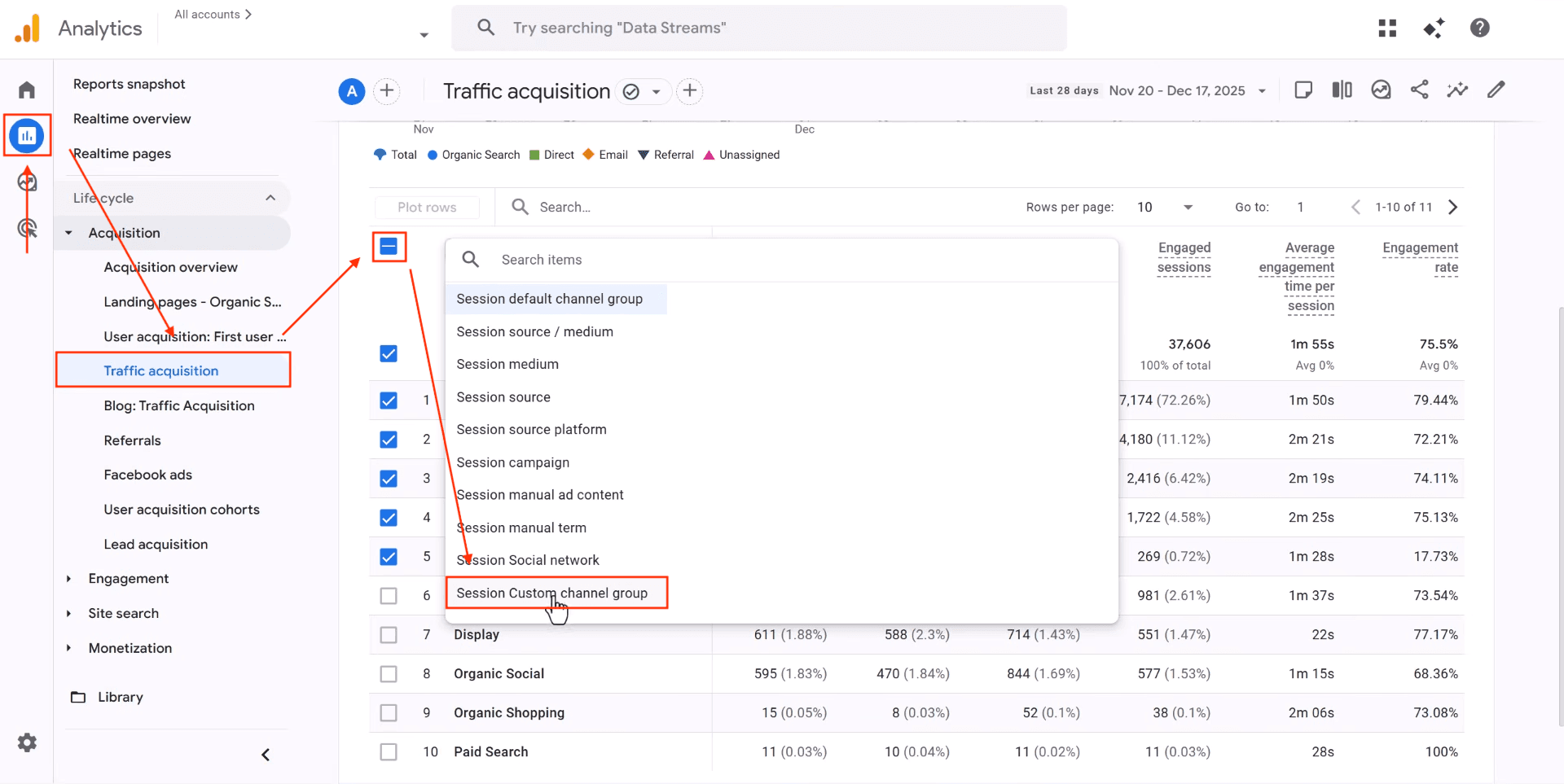 Switch to custom channel group in GA4 report