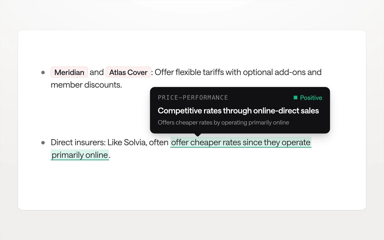 A statement highlighted inside an AI answer, with the claim it belongs to