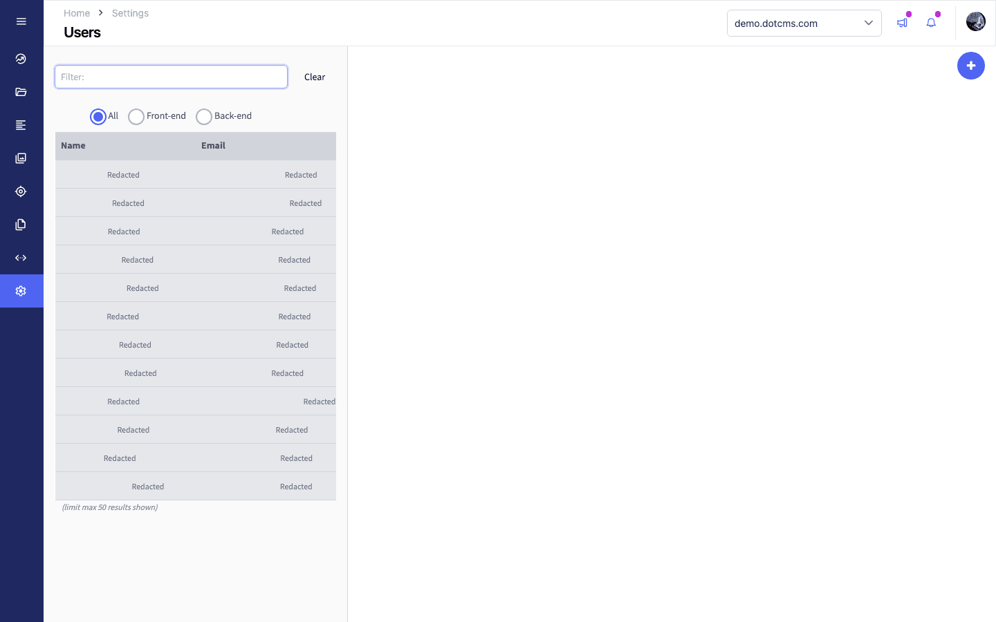 dotCMS Settings Users screen with user names and email addresses redacted