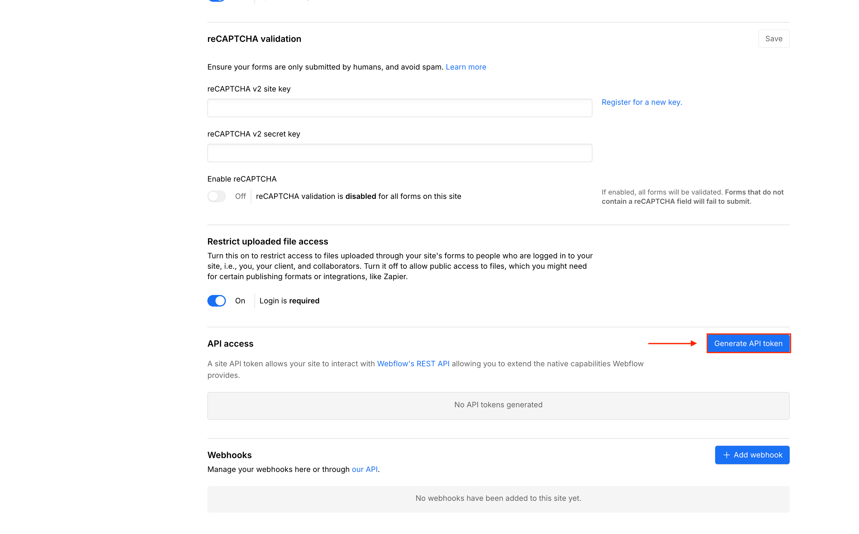 Generate API token in Webflow