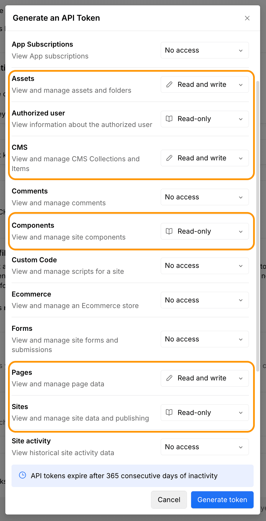 Webflow API token permissions