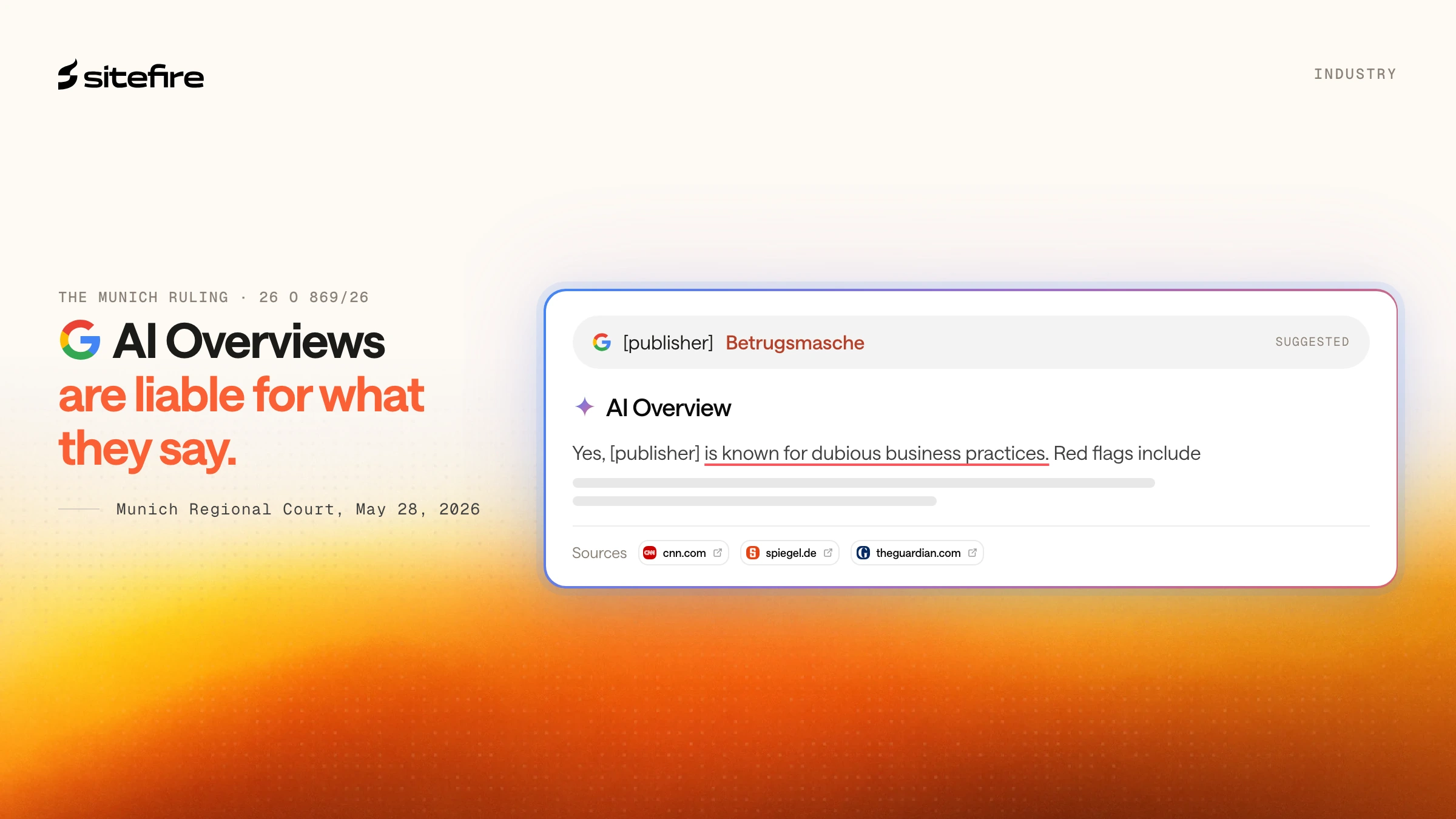 Under the headline 'Google is liable for what its AI says', a Google AI Overview card asserting a publisher is known for dubious business practices, with the false claim marked, the court's ban of up to EUR 250,000 per violation, and cited sources that never made the claim